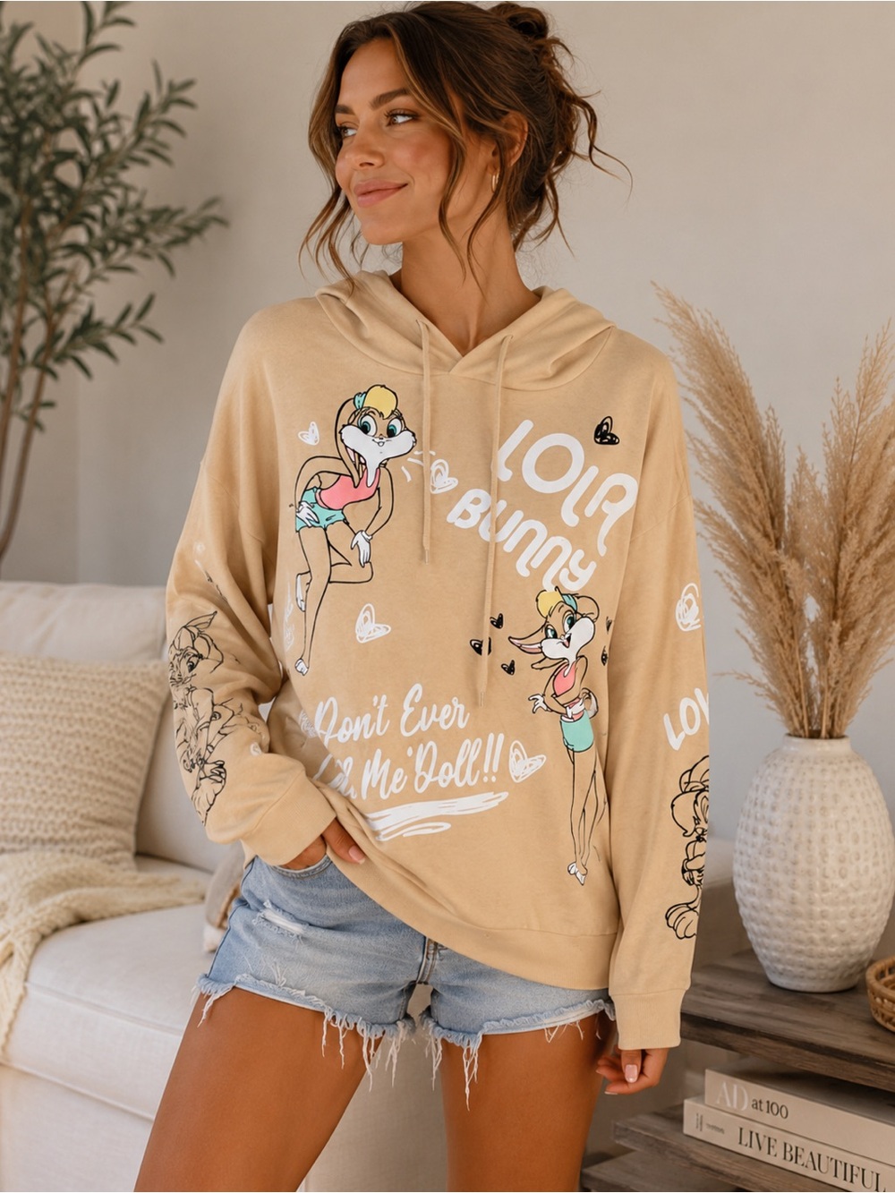 Lola Bunny Lola Bunny Light Peach Fleece Graphic Hoodie Sweatshirt Size XL